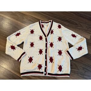 Vintage Talbots Sweater Cardigan L Cream Red Black Geometric Knit Academia